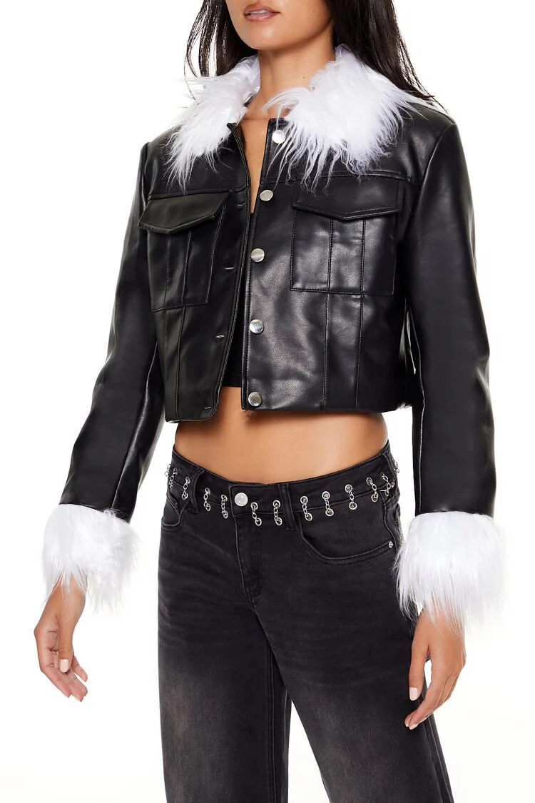 Faux Fur & Leather Trucker Jacket - Image 4