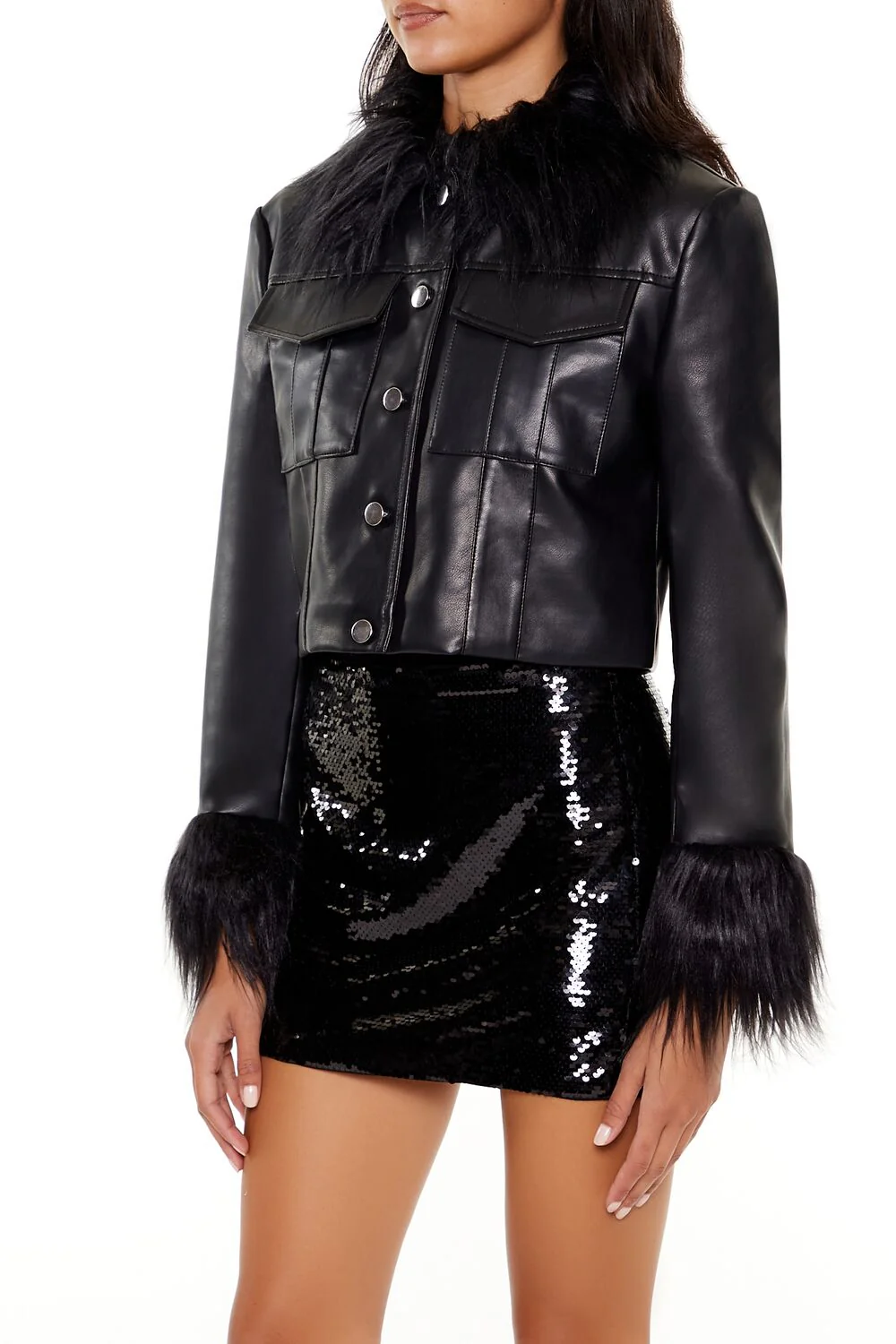 Faux Fur & Leather Trucker Jacket - Image 8