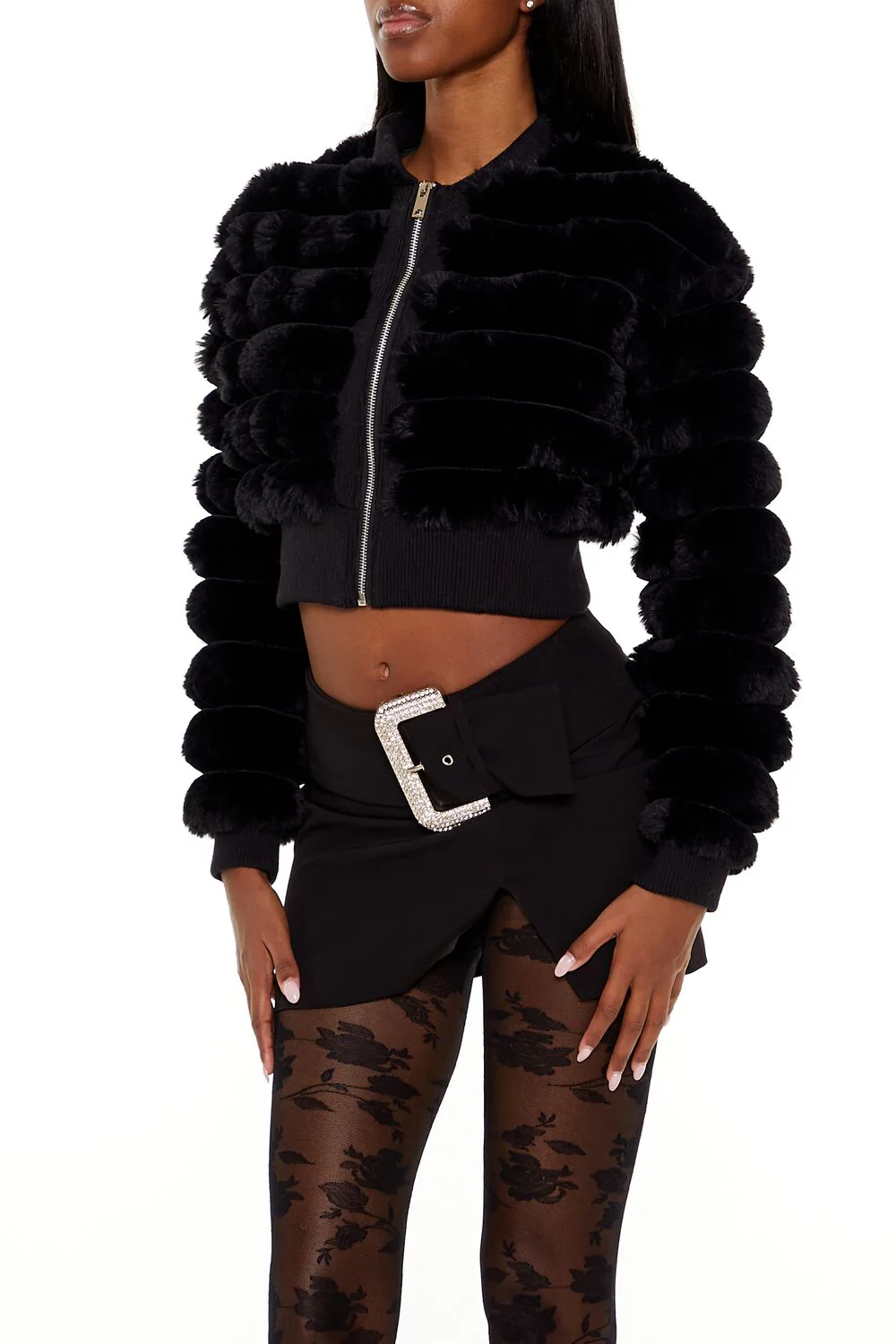 Faux Fur Cropped Bomber Jacket - Image 8