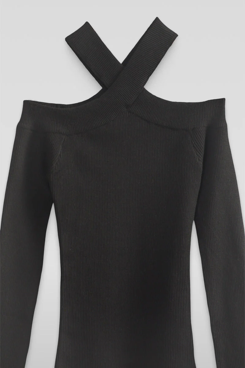 Ribbed Off-The-Shoulder Halter Sweater-Knit Top - Image 10