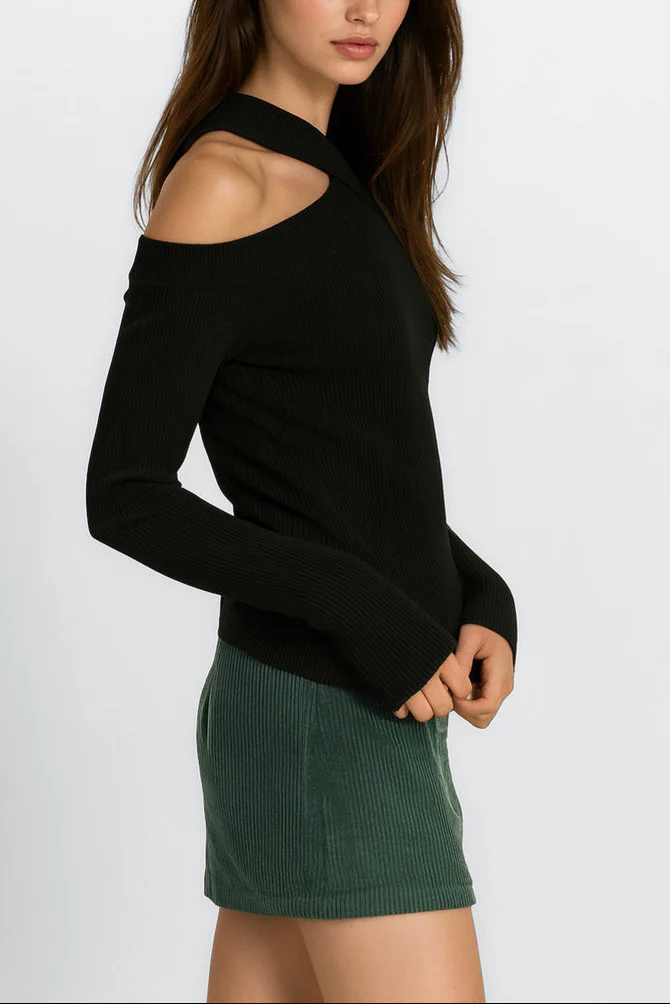 Ribbed Off-The-Shoulder Halter Sweater-Knit Top - Image 7