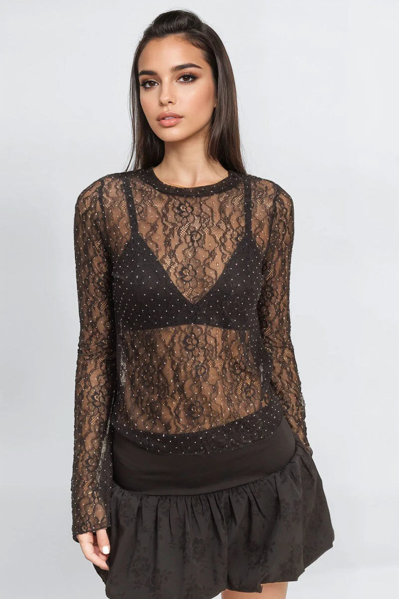 Studded Sheer Lace Long-Sleeve Top - Image 2