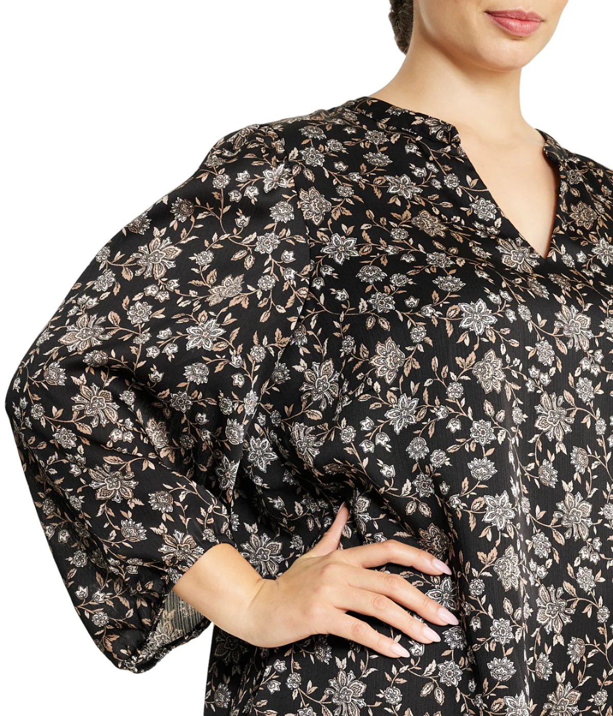 Plus Size Chennai Floral V-Neck Blouse with Puff Sleeves - Image 4