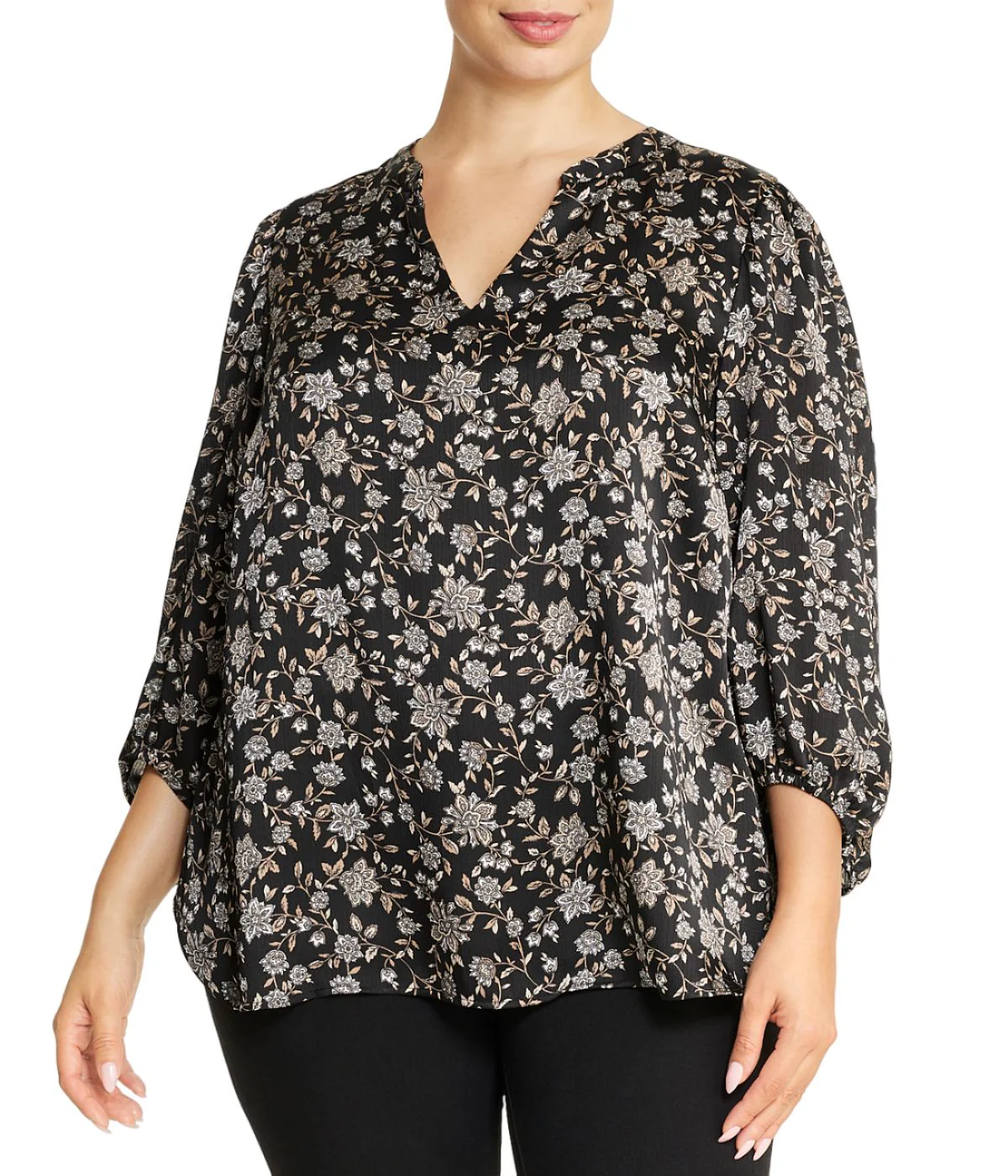 Plus Size Chennai Floral V-Neck Blouse with Puff Sleeves - Image 6