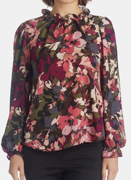 Long Sleeve Ruffle Blouse With Keyhole and Side Slits - Image 4