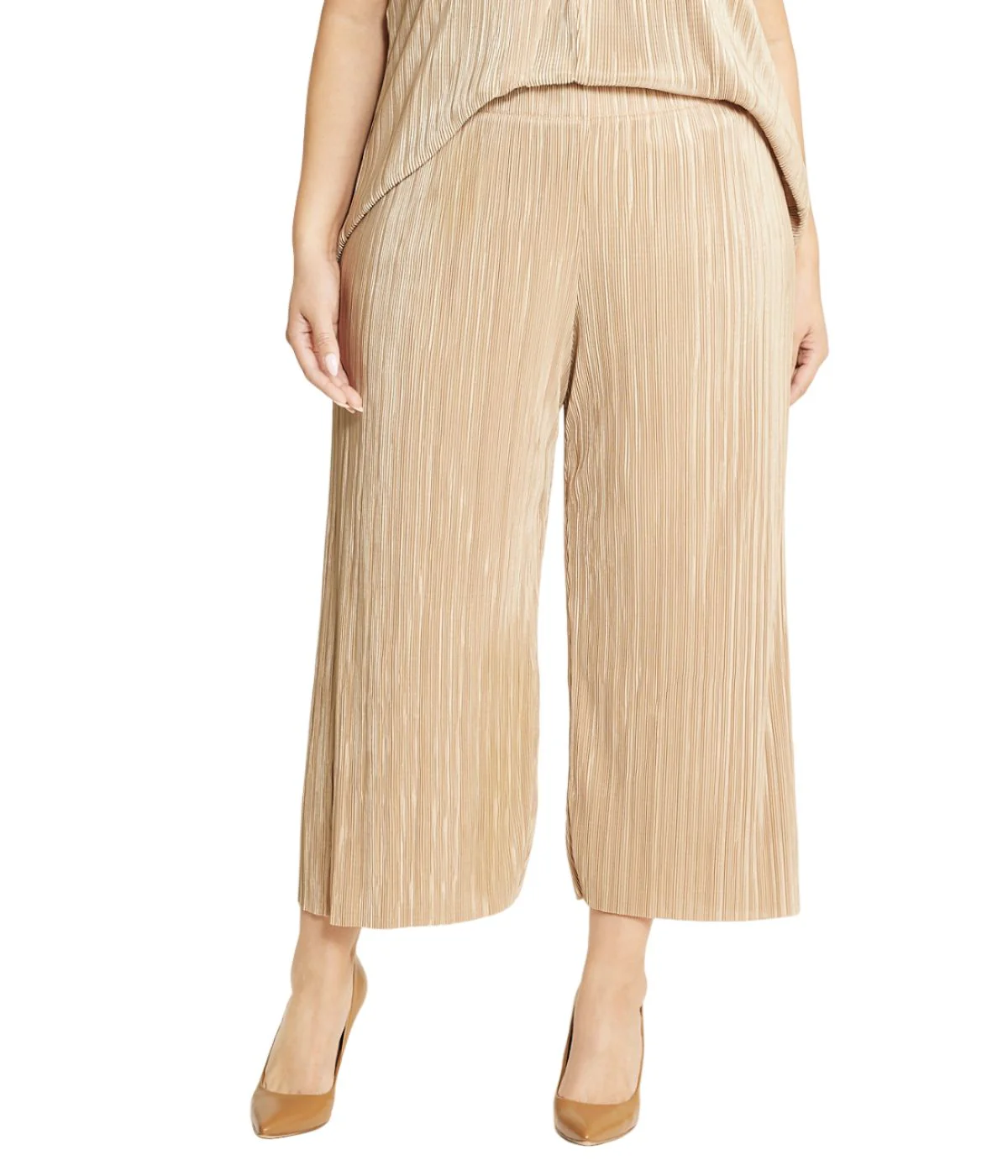 Plus Size Pleated Knit Pull-On Wide Leg Crop Pants - Image 4