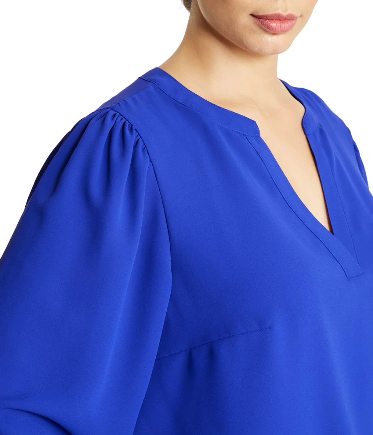 Plus Size Split Neck High Low Long Sleeve Blouse in Royal Sapphire - Image 4